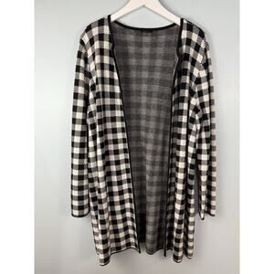 Talbots 1X Wool Blend Plaid Check Long Cardigan Sweater Coat Black White Soft